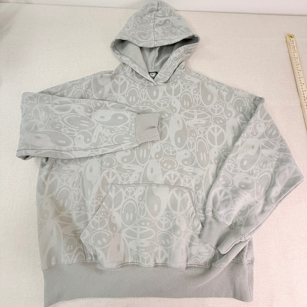 PacSun Mens XS Peace Yin Yang Smiley Face All Over Print Hoodie Grey Green